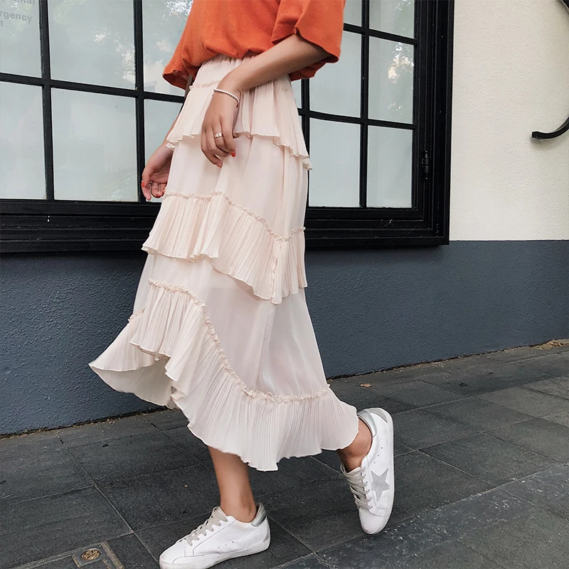 Chic Irregular Pleated Women Skirt Elastic Waist Ruffles Patchwork Female Chiffon Skirts with Lining 2019 Summer Midi jupe femme
Chic Irregular Pleated Women Skirt Elastic Waist Ruffles Patchwork Female Chiffon Skirts with Lining 2019 Summer Midi jupe femme