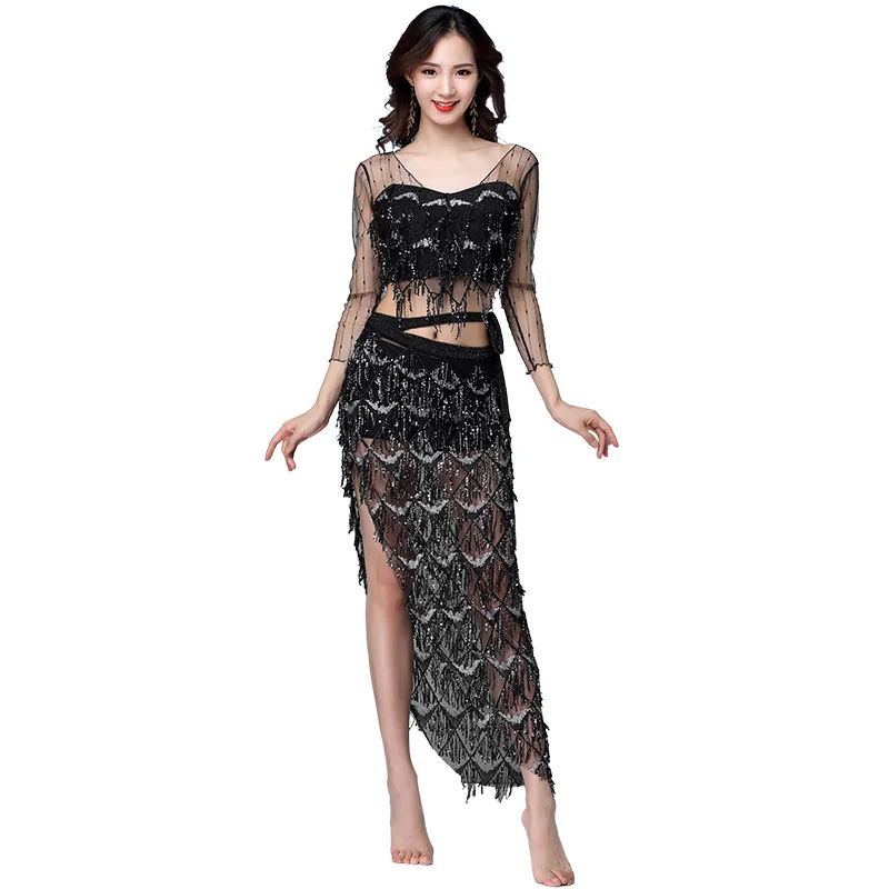 New Fashion Women Belly Dance Clothes Stretchy Mesh Sparkling Sequins Over-Skirt Fringes Hip Scarf Costume Set 2pcs Top & Belt
New Fashion Women Belly Dance Clothes Stretchy Mesh Sparkling Sequins Over-Skirt Fringes Hip Scarf Costume Set 2pcs Top & Belt