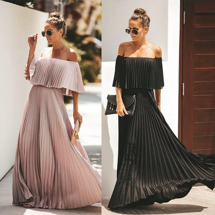 Elegant Off the Shoulder Bohemian Beach Dress Chiffon Summer Pleated Maxi Women Dresses Vestidos Verano 2019 Pink Black
Elegant Off the Shoulder Bohemian Beach Dress Chiffon Summer Pleated Maxi Women Dresses Vestidos Verano 2019 Pink Black