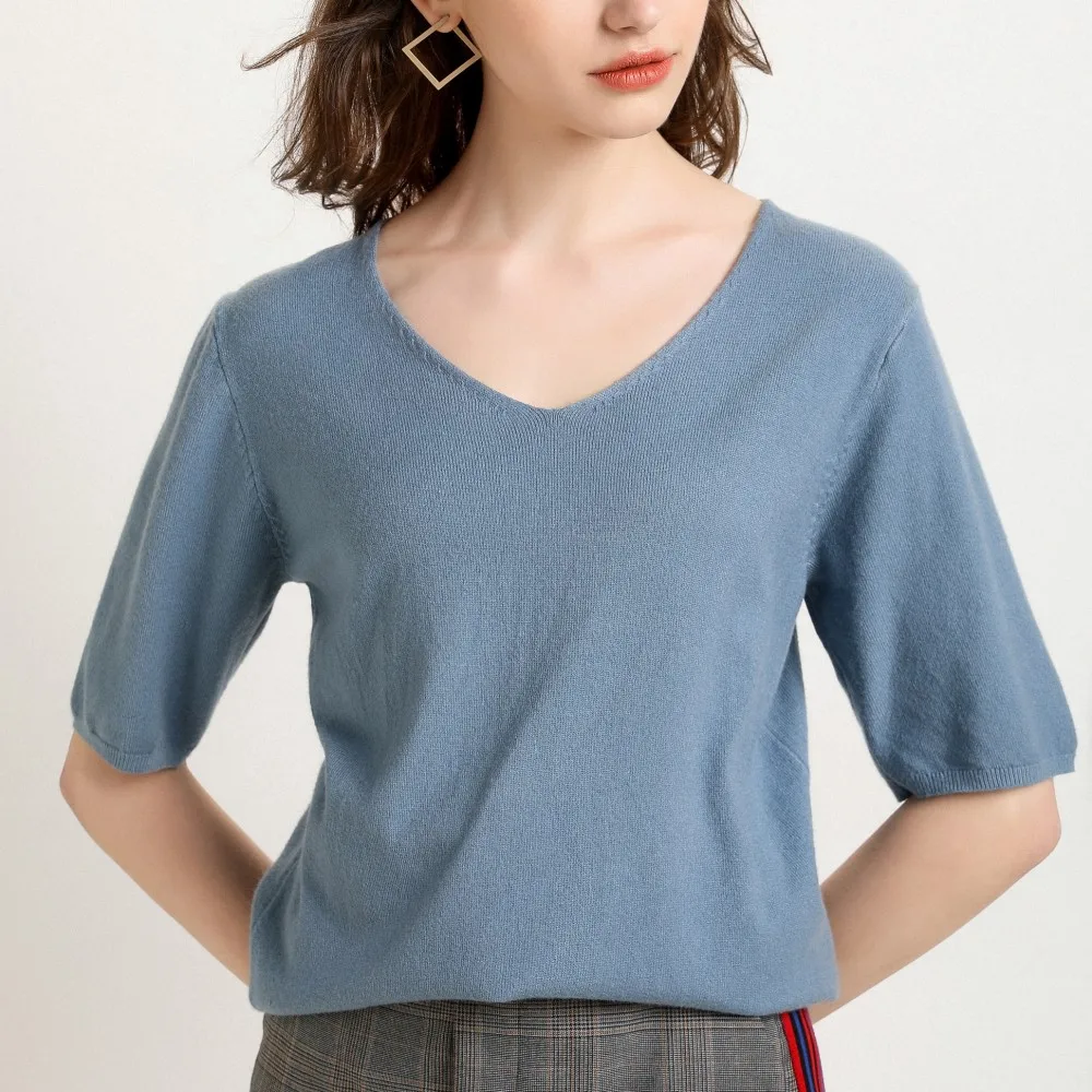 2019 spring knit short-sleeved bottoming shirt women knit T-blouse female V-neck smock top Slim half-sleeve sweater
2019 spring knit short-sleeved bottoming shirt women knit T-blouse female V-neck smock top Slim half-sleeve sweater
