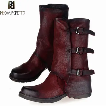 

Prova Perfetto New Style Handsome Genuine Leather Do Old Buckle Knight Boot Neutral Flat Square Toe Solid Zipper-side Mid Boots