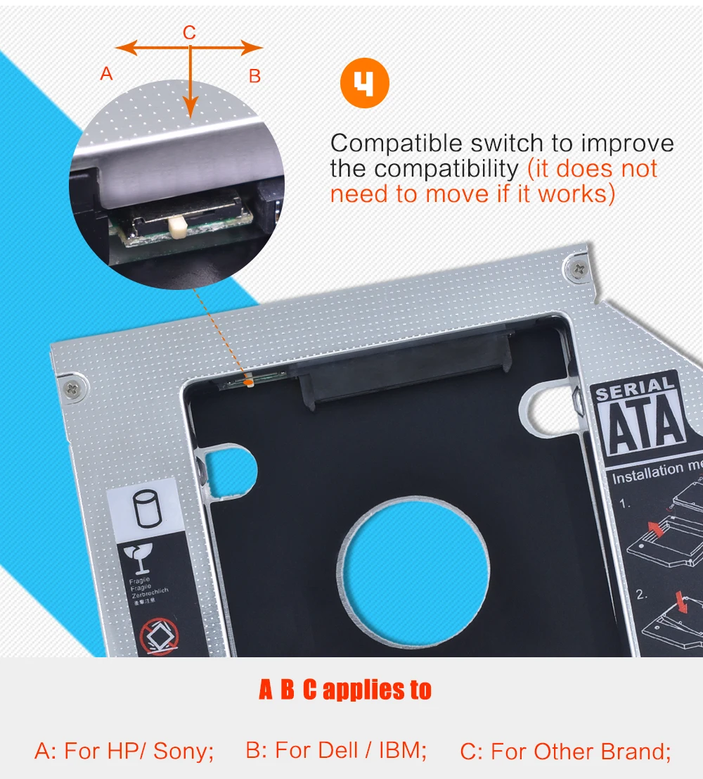 2nd HDD Caddy 12.7mm SATA 3.0 DVD Adapter for 2.5'' 7-12.5mm