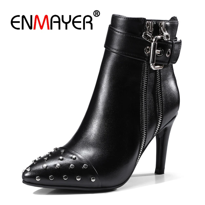 ENMAYER Women Ankle Boots Pointed Toe Shoes Size 34-39 High Heels Thin Heels Fashion Punk Female Winter Boots Metal Buckle CR741
ENMAYER Women Ankle Boots Pointed Toe Shoes Size 34-39 High Heels Thin Heels Fashion Punk Female Winter Boots Metal Buckle CR741