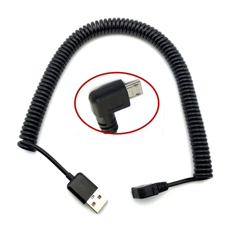 

1m 3m Micro USB 90 Degree Angled to USB 2.0 Male Spring Coiled Retractable Stretch Data Sync Charge Charging Cable Cord Black