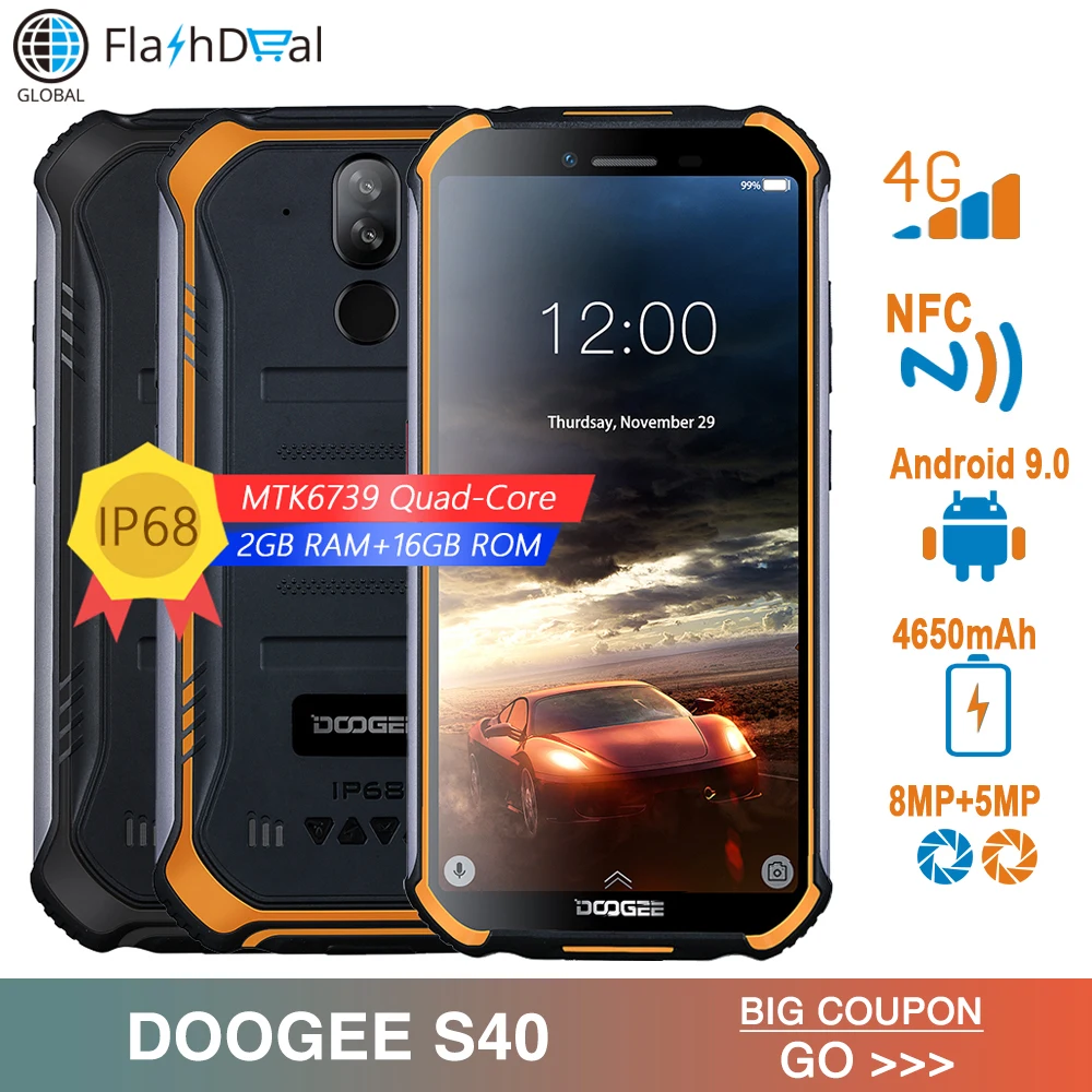 IP68/IP69K DOOGEE S40 5.5inch Display 4650mAh Mobile Phone MTK6739 Quad Core 2GB RAM 16GB ROM Android 9.0 4G Network Smartphone
IP68/IP69K DOOGEE S40 5.5inch Display 4650mAh Mobile Phone MTK6739 Quad Core 2GB RAM 16GB ROM Android 9.0 4G Network Smartphone