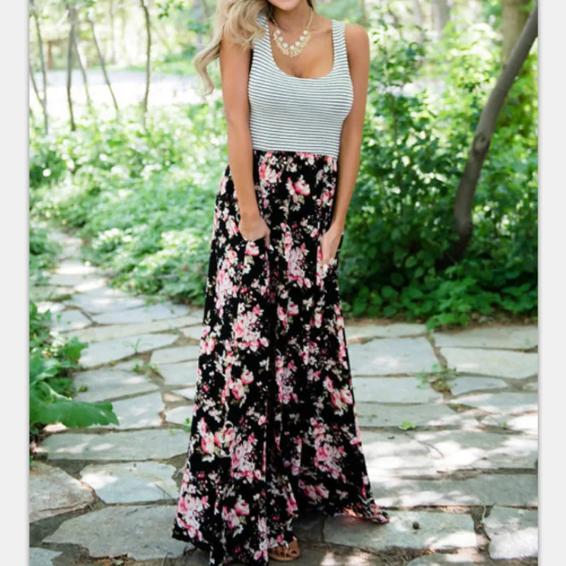 Pockets Summer Sleeveless Long Dress Boho Beach Stitched Striped Women's Dresses Elegant Plus Size Party Dress Black Vestido
Pockets Summer Sleeveless Long Dress Boho Beach Stitched Striped Women's Dresses Elegant Plus Size Party Dress Black Vestido