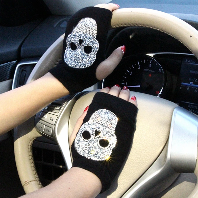 Winter Gloves Women Rhinestone Skull A+ Diamond Crown Half Finger Warm Knitted Black Mittens students Gants Femme
Winter Gloves Women Rhinestone Skull A+ Diamond Crown Half Finger Warm Knitted Black Mittens students Gants Femme