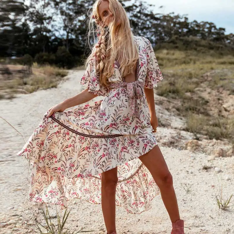 

BOHO INSPIRED cream floral print festival party dress chic V-neck irregualr chic summer dress cut out back sexy women dress 2019