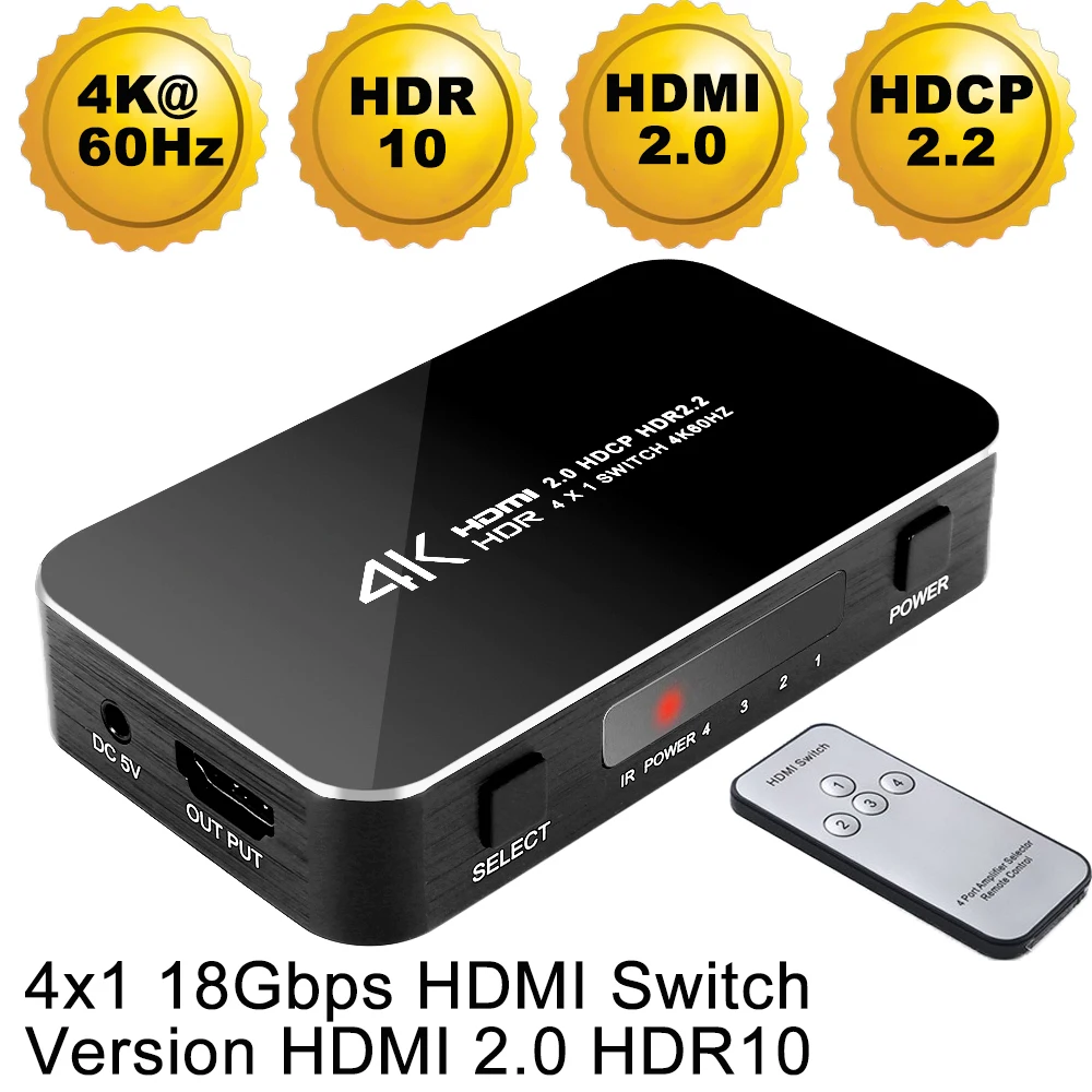 4 Port 18Gbps HDR 4K HDMI Switch 4x1 Support HDCP 2.2 Mini HDMI 2.0 Switcher HUB Box With IR Remote Control For Apple TV
4 Port 18Gbps HDR 4K HDMI Switch 4x1 Support HDCP 2.2 Mini HDMI 2.0 Switcher HUB Box With IR Remote Control For Apple TV