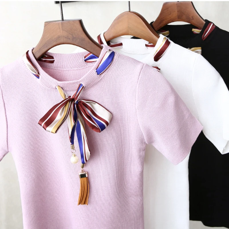 Pantalon Bow Pearls T-shirt Women Slim Knit Short Sleeve Beading Ribbon Casual Tops Summer Lady Elastic Cotton Top Tee
Pantalon Bow Pearls T-shirt Women Slim Knit Short Sleeve Beading Ribbon Casual Tops Summer Lady Elastic Cotton Top Tee
