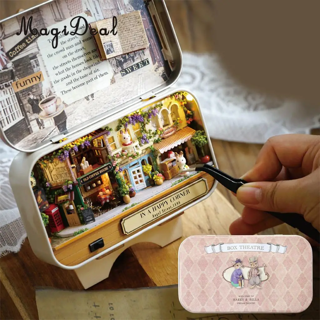 1Set DIY Handicraft Tin Box Wood Miniature Dollhouse Theatre Series for Room Home Desk Decor Novelty Friends Birthday Gift
