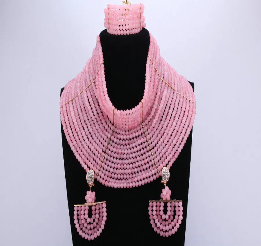 Latest White Deep Pink African Beads Bridal Jewelry Sets For Wedding Nigerian Necklace Earrings Bracelet 18 Layers | Украшения и