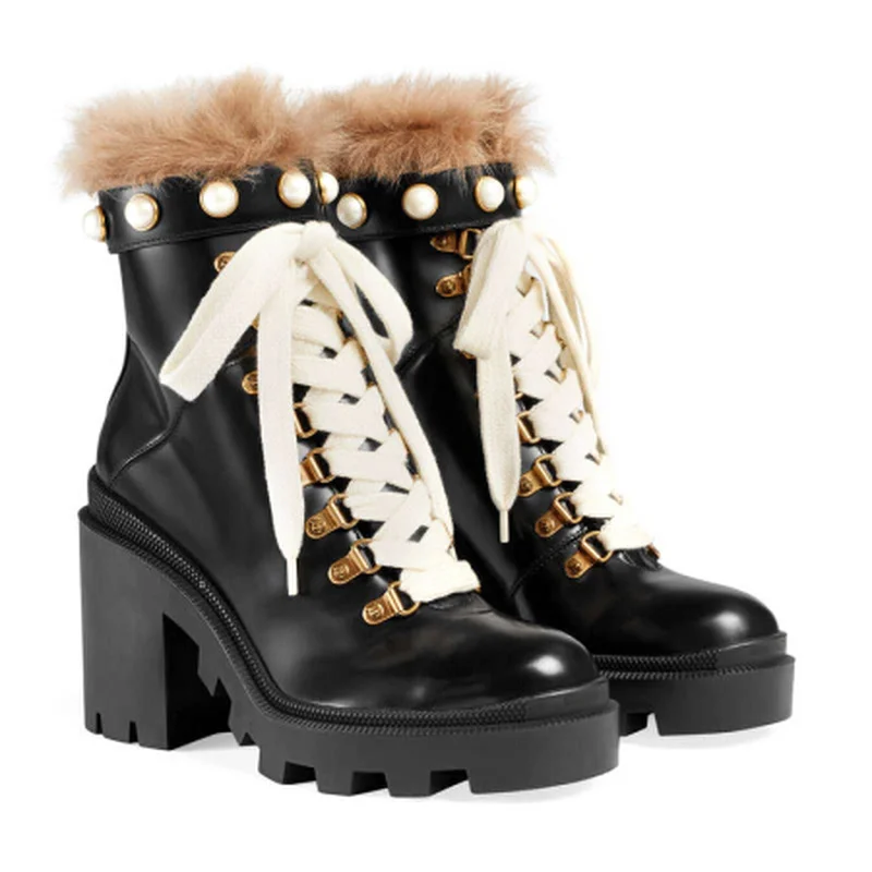 Genuine Leather Black Cowhide Ankle Boots Womens Shoes Fashion Pearl Real Fur Interior for Women Winter Luxury Shoes Lady Boots