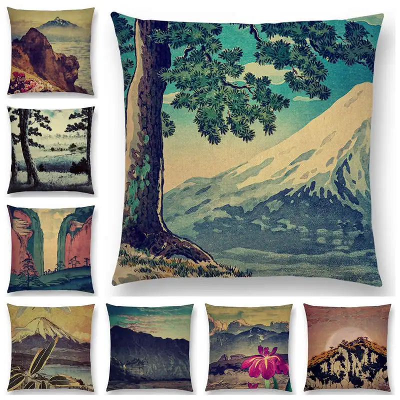 

Hot Sale Japanese Style Landscape Painting Four Seasons Nature Scenery Fuji Mountains Trees Rivers Sea Cushion Cover Pillow Case