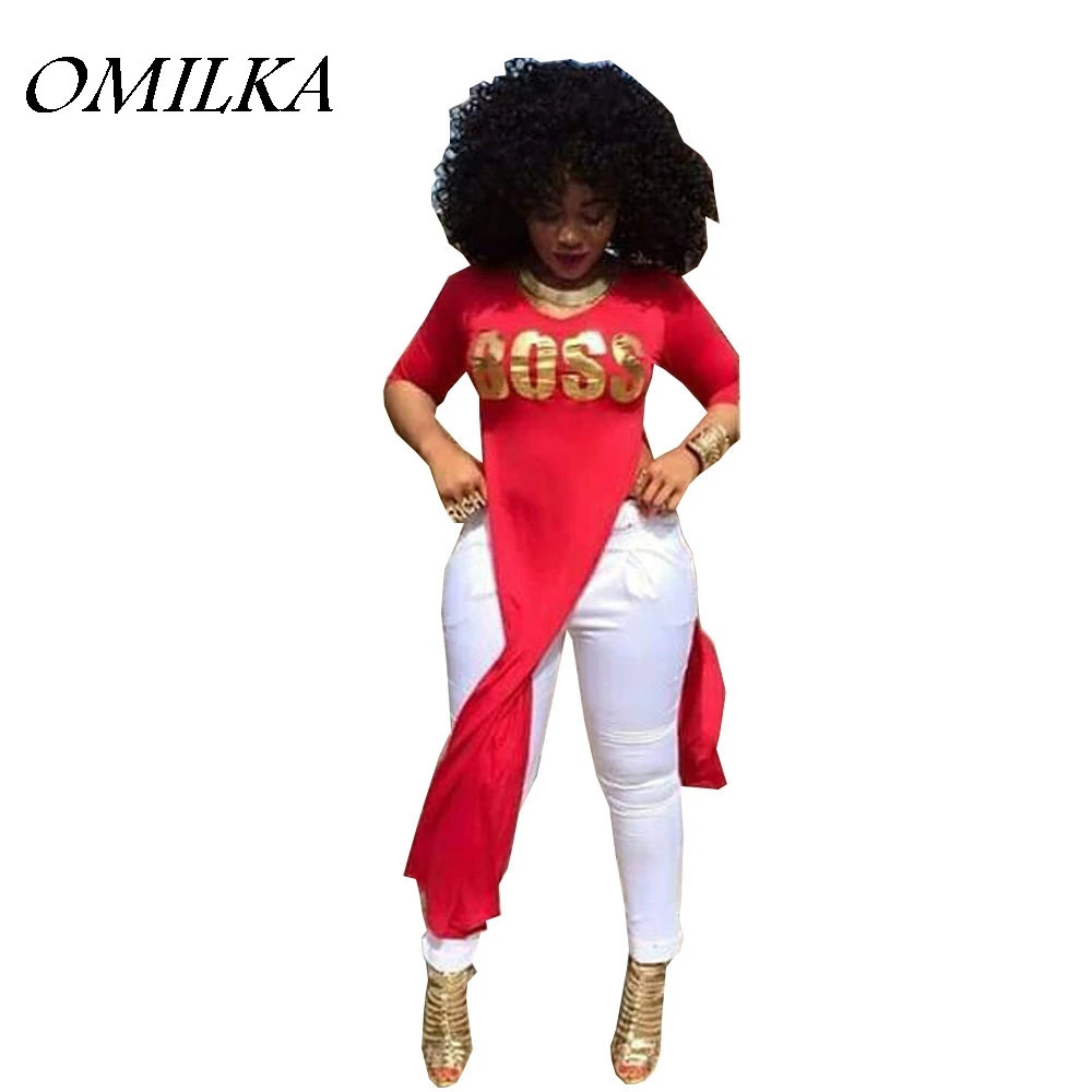 OMILKA 2019 Summer Women Three Quarter Sleeve O Neck High Split T Shirt Casual Red Letter Boss Letter Long Streetwear Tops Tees
OMILKA 2019 Summer Women Three Quarter Sleeve O Neck High Split T Shirt Casual Red Letter Boss Letter Long Streetwear Tops Tees