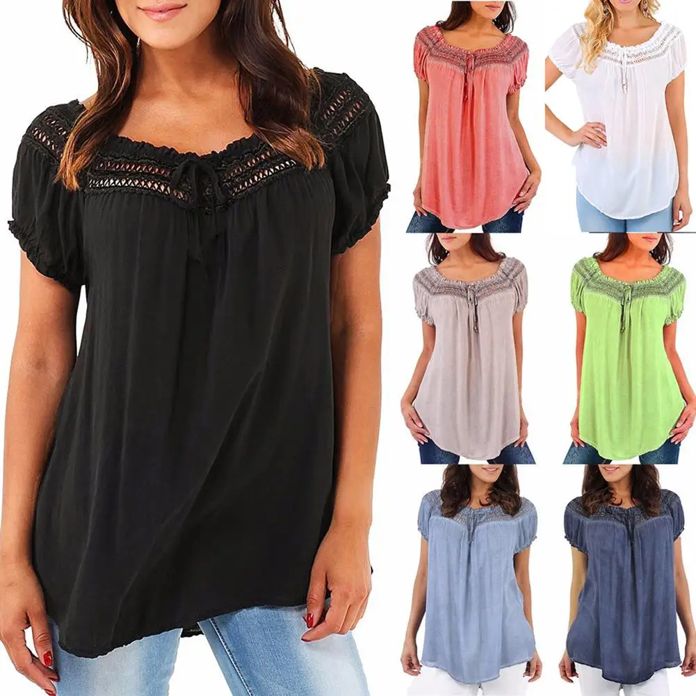 New Women's T-Shirt Hollow Lace Sexy Bandage Pleated Short Sleeve Loose Summer Top 
New Women's T-Shirt Hollow Lace Sexy Bandage Pleated Short Sleeve Loose Summer Top