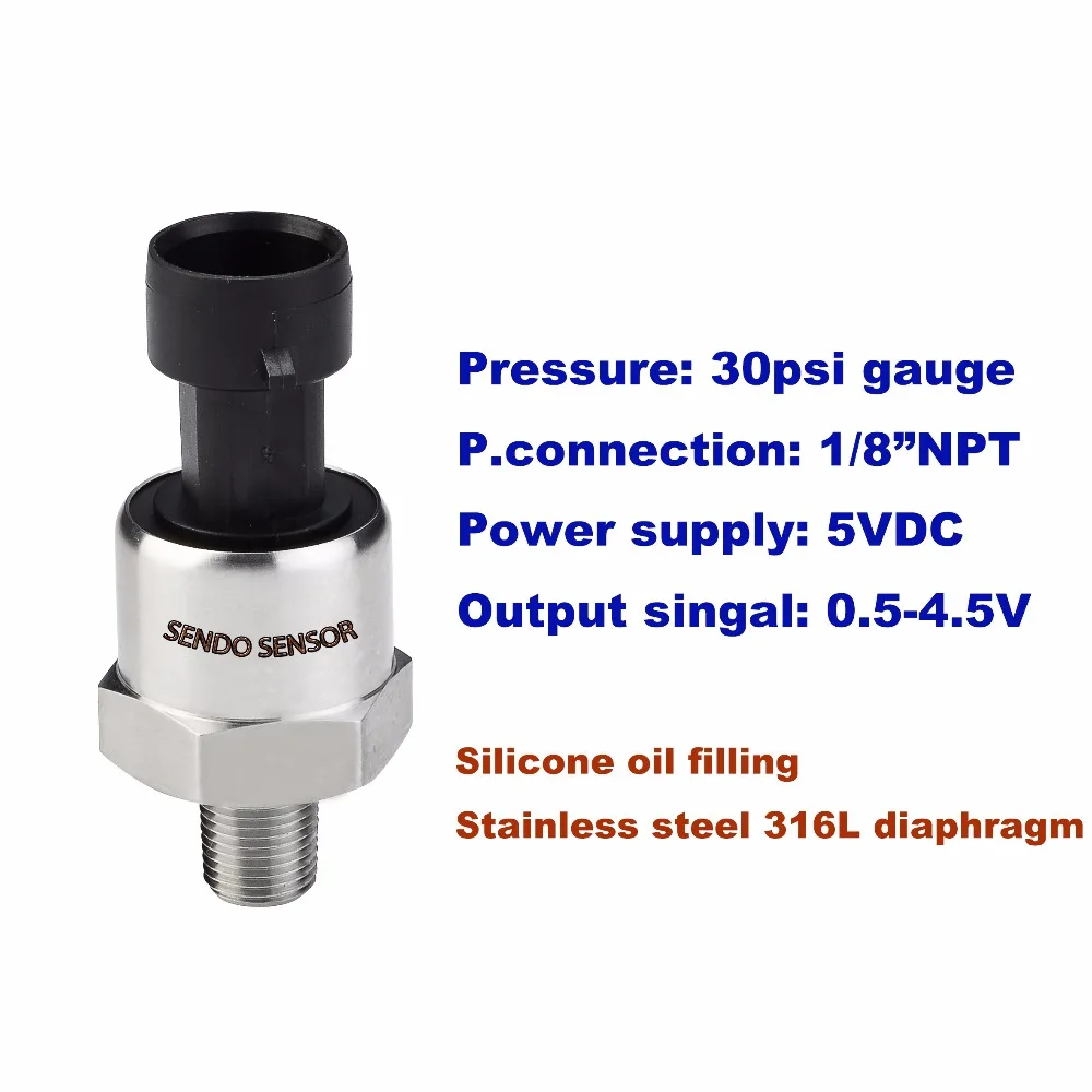 0 to 30psi or 2bar pressure sensor air water oil gas, 5 Volt DC supply, 0.5-4.5V output, stainless steel 316L diaphragm, 1/8 NPT
0 to 30psi or 2bar pressure sensor air water oil gas, 5 Volt DC supply, 0.5-4.5V output, stainless steel 316L diaphragm, 1/8 NPT