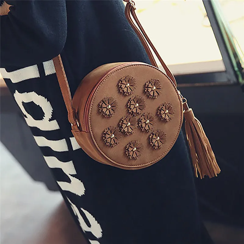 Fashion Women's Retro Flowers handbag leather tassel Small shoulder messenger bag for ladies Evening female Round Bag #40 | Багаж и
