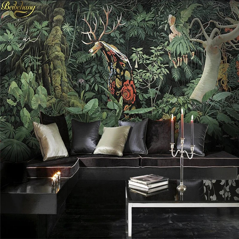 

beibehang Hand painted giraffe jungle lush tropical rainforest large mural cafe lounge custom personalized wallpaper mural