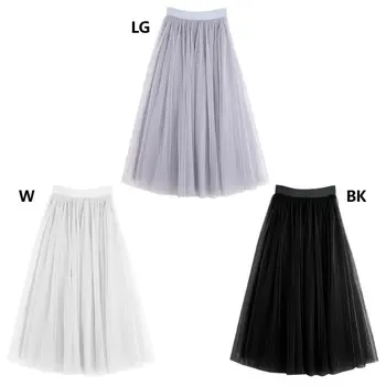 

Womens Adult Ice Silk Lining Three Layer Tulle Skirt Solid Color Pleated Princess Maxi Overlay Flare Bouffant Puffy
