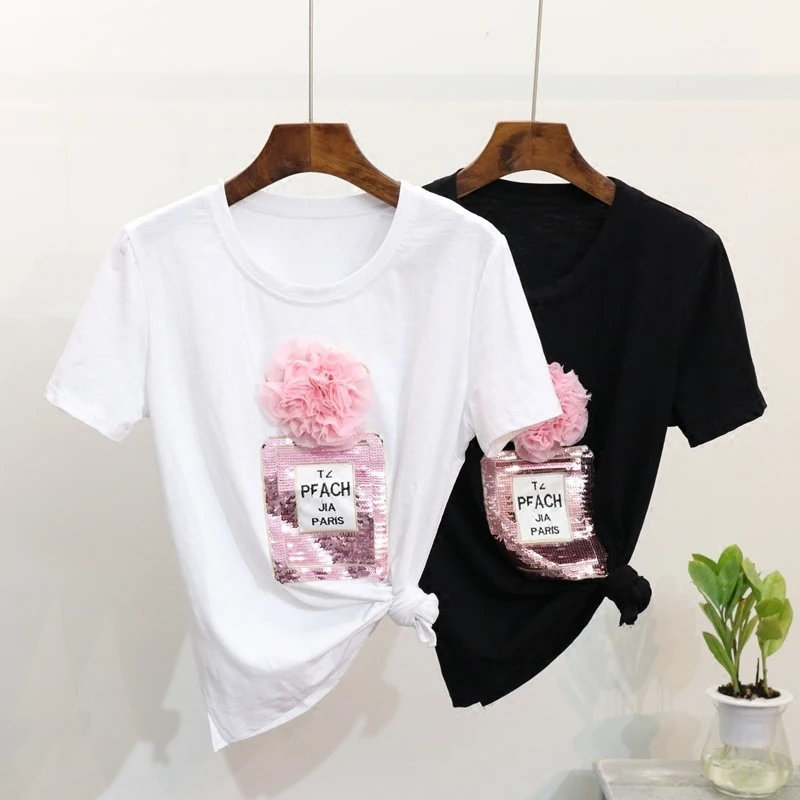 Summer Harajuku Women T Shirt Pink Sequins Flower Loose Short Sleeved White Black Friends T-shirt Paris Tops
Summer Harajuku Women T Shirt Pink Sequins Flower Loose Short Sleeved White Black Friends T-shirt Paris Tops