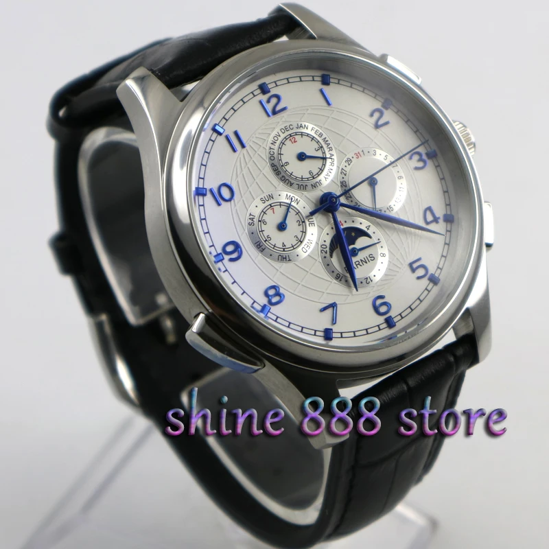 Parnis 44mm White dial Blue hands Black strap Moon Phase Multifunction Automatic movement men's watch
Parnis 44mm White dial Blue hands Black strap Moon Phase Multifunction Automatic movement men's watch