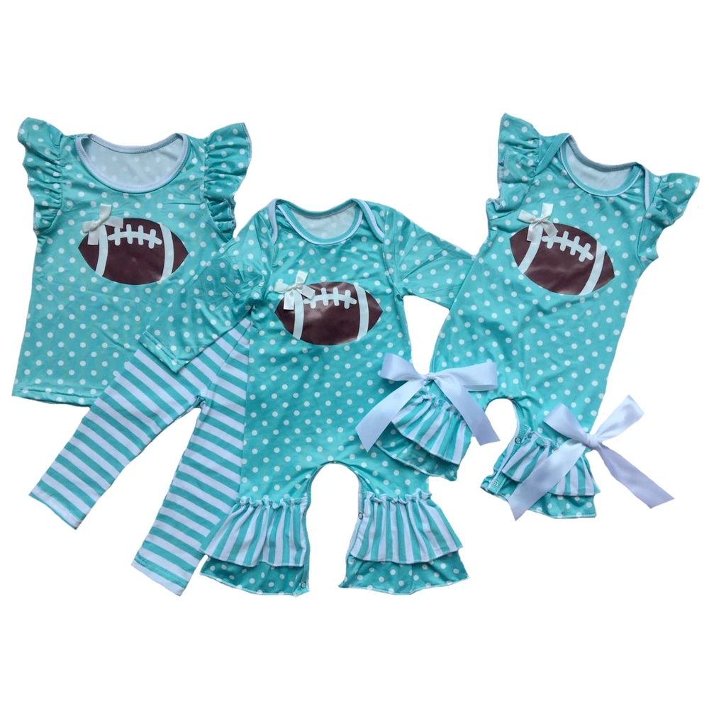 

vinyl heated Football lake blue Polka Dots baby flutter sleeve girls ruffle shirts clothing set romper