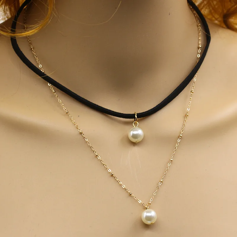 White Simulated Pearl Bead Golden Chain & Black Leather Band Choker Double Necklace for Women | Украшения и аксессуары