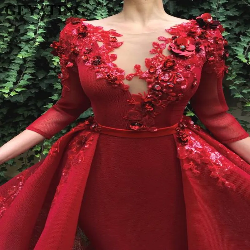 Saudi Arabia Red Long Evening Dress with Detachable Skirt Illusion Neck Beaded Flowers 3/4 Long Sleeves Prom Dresses Dubai 2019
Saudi Arabia Red Long Evening Dress with Detachable Skirt Illusion Neck Beaded Flowers 3/4 Long Sleeves Prom Dresses Dubai 2019