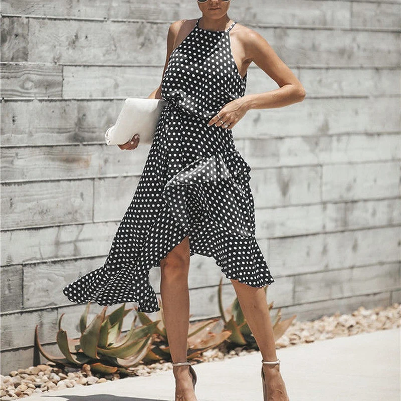 Fashion Women Sexy Backless Basic Dresses off shoulder Polka Dot Dress Strap Sleeveless irregular hem Dress Holiday Party Dress
Fashion Women Sexy Backless Basic Dresses off shoulder Polka Dot Dress Strap Sleeveless irregular hem Dress Holiday Party Dress