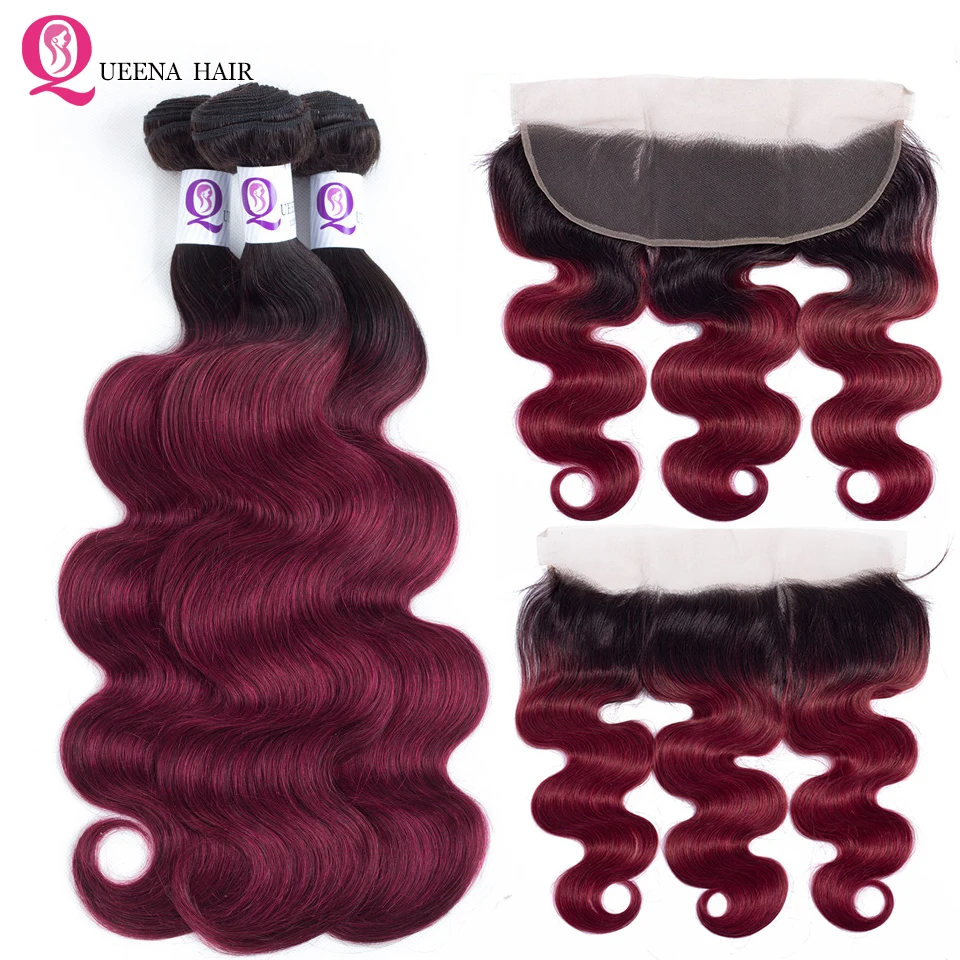 

Ombre Bundles With Frontal 1B Burgundy 13X4 Lace Frontal Closure With Bundles Remy Malaysian Hair Body Wave Bundles with Frontal