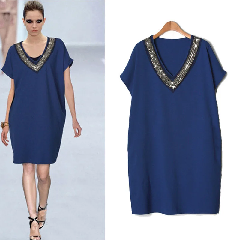L-5XL 2019 Summer Women Plus size Dress Sequined Casual Large Size Mini Blue Dress V-neck Ladies Loose Slim 4XL Dress Vestidos
L-5XL 2019 Summer Women Plus size Dress Sequined Casual Large Size Mini Blue Dress V-neck Ladies Loose Slim 4XL Dress Vestidos