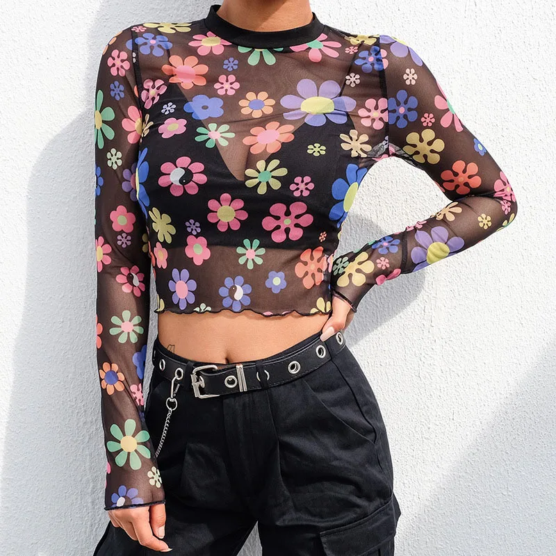 Mesh Transparent Crop Top Long Sleeve T Shirt Flowers Print Floral Graphic Tees Women Patchwork Collar Sexy See Through Tshirt
Mesh Transparent Crop Top Long Sleeve T Shirt Flowers Print Floral Graphic Tees Women Patchwork Collar Sexy See Through Tshirt