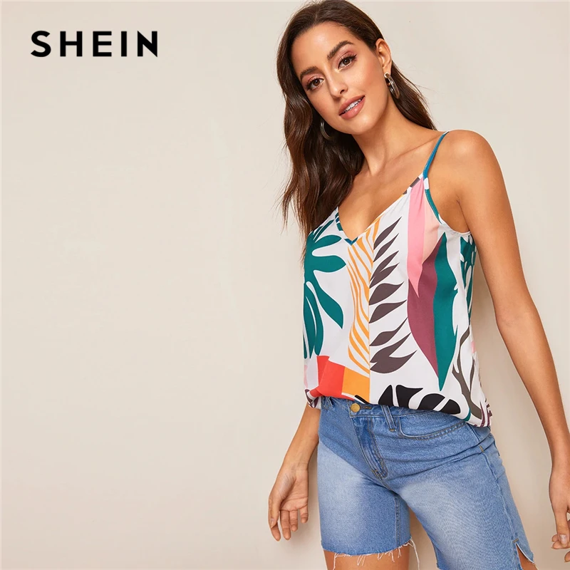

SHEIN Double V-Neck Tropical Print Cami Top Chic Women Sexy Summer Vests 2019 Stylish Boho Multicolor Sleeveless Vests