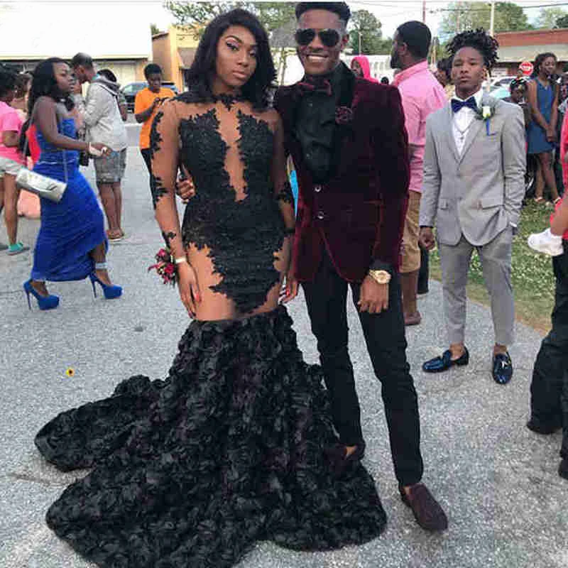Long Prom Dresses 2019 Illusion Sexy Sleeve Lace Mermaid African Black Flowers Girl Party Women Evening Wear Gowns | Свадьбы и