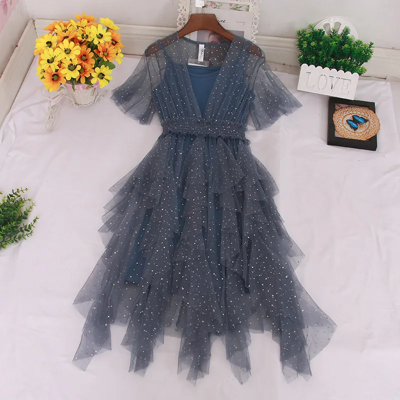 Women Summer Flare Sleeve Sequin Mesh Gauze Party Ruffle Dress Elegant Elastic Slim Irregular Tulle Voile Pleated Pullover Dress
Women Summer Flare Sleeve Sequin Mesh Gauze Party Ruffle Dress Elegant Elastic Slim Irregular Tulle Voile Pleated Pullover Dress