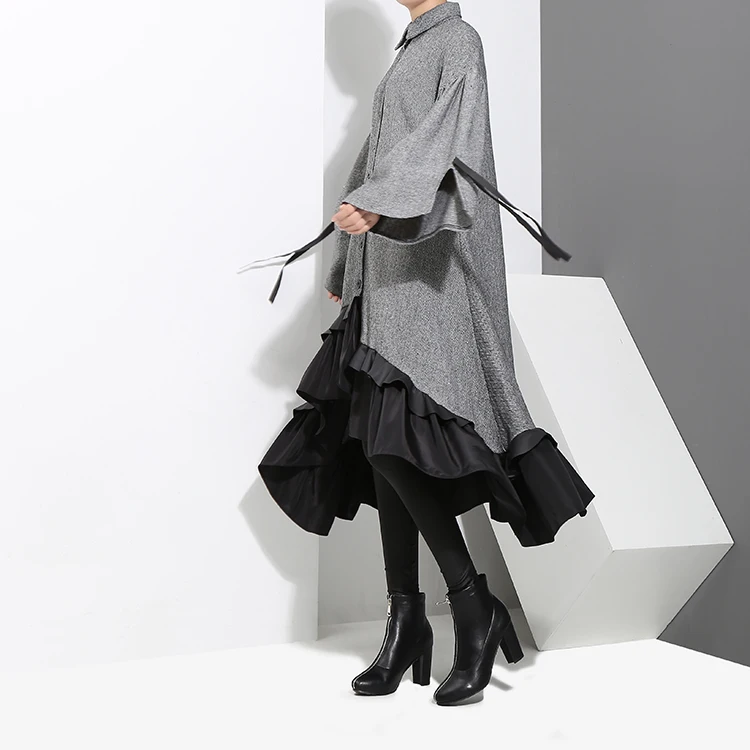 2020 Autumn Winter Women Plus Size Gray Shirt Dress Midi Long Sleeve Patchwork Thick Warm Ruffled Elegant Party Dress Style 3073 2020 Autumn Winter Women Plus Size Gray Shirt Dress Midi Long Sleeve Patchwork Thick Warm Ruffled Elegant Party Dress Style 3073