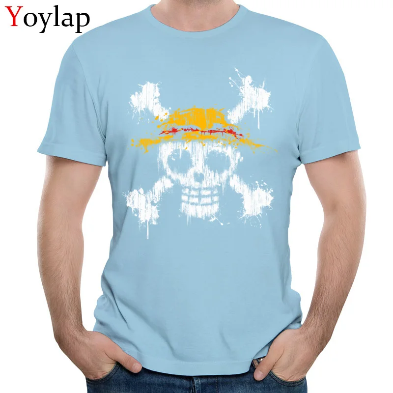 100% Cotton T Shirts for Male Short Sleeve Print Tops T Shirt New Arrival Fall Custom One piece skull O Neck Tee Shirt light blue