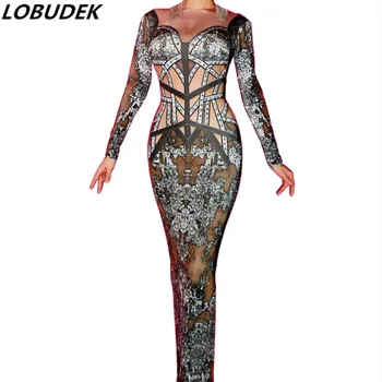 Sexy Nightclub DJ Female Singer Stage Costume Printing stones Dress Stretch Leotard Long dress Bar Party Performance Dress
Sexy Nightclub DJ Female Singer Stage Costume Printing stones Dress Stretch Leotard Long dress Bar Party Performance Dress