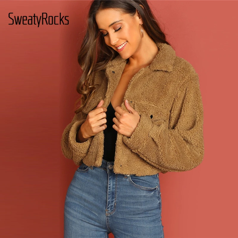 

SweatyRocks Pocket Patched Crop Teddy Jacket Streetwear Button Up Solid Coats 2019 Winter Preppy Women Camel Coats And Jackets