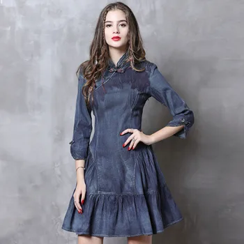 Summer Spring Vintage Women Chinese Style Mandarin Collar 3/4 Sleeve Embroidery Jeans Dress , Womens Slim Ruffles Denim Dresses
Summer Spring Vintage Women Chinese Style Mandarin Collar 3/4 Sleeve Embroidery Jeans Dress , Womens Slim Ruffles Denim Dresses