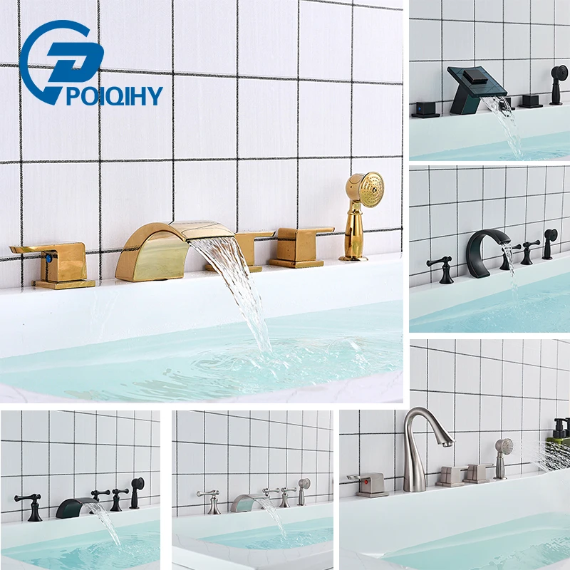 Gold 5PCS Bathroom Faucet Multi-color Waterfall Spout Basin Faucet Deck Mounted Tri Handle Five Holes Mixer Brass Shower Head
Gold 5PCS Bathroom Faucet Multi-color Waterfall Spout Basin Faucet Deck Mounted Tri Handle Five Holes Mixer Brass Shower Head