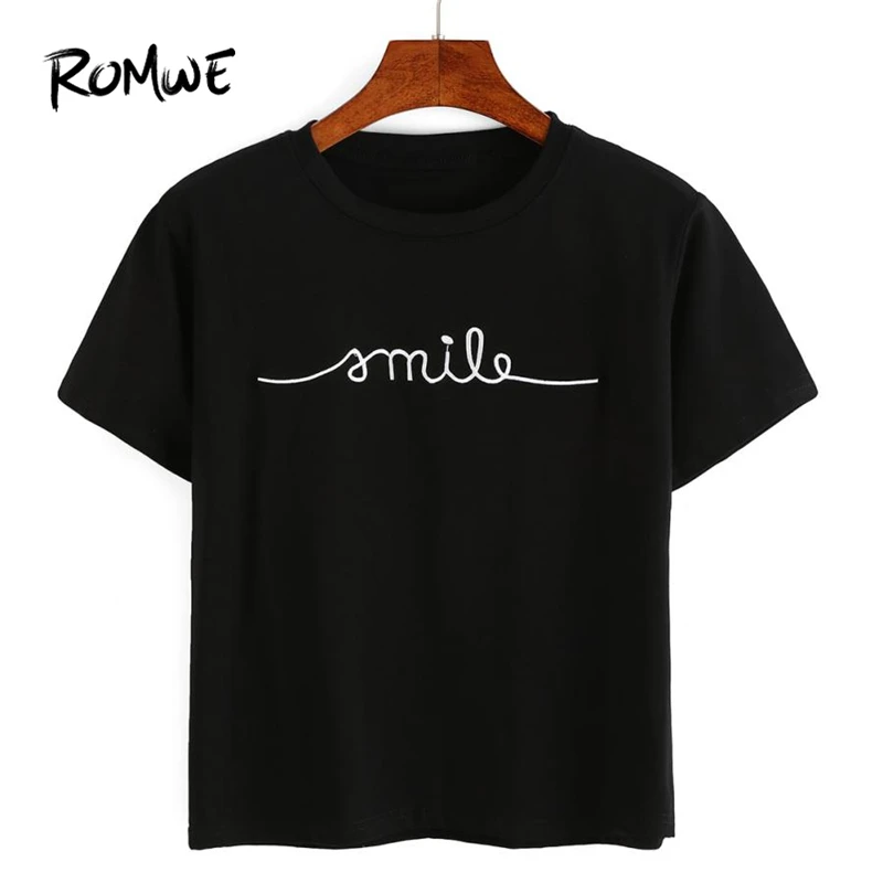 ROMWE Black Letter Embroidery T-shirt Women 2019 Summer Round Collar Short Sleeve Cotton Tops Casual Comfortable Basic Tees
ROMWE Black Letter Embroidery T-shirt Women 2019 Summer Round Collar Short Sleeve Cotton Tops Casual Comfortable Basic Tees