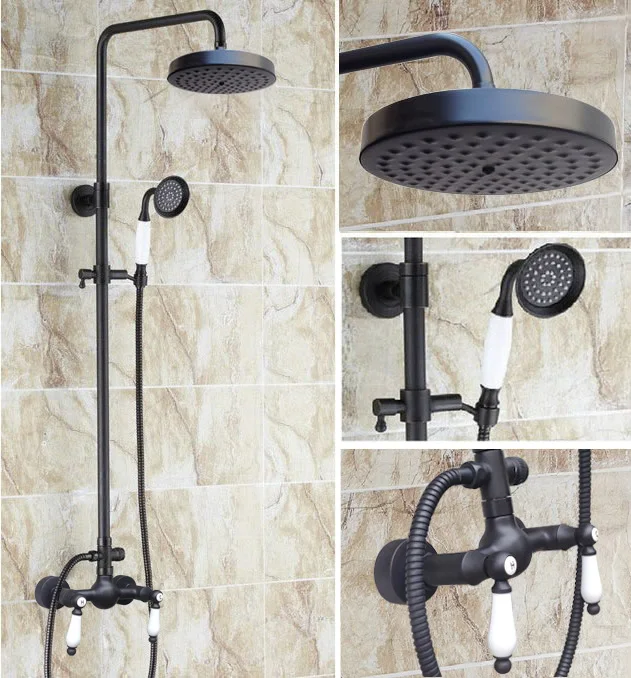 

Brass Black Oil Rubbed Bronze Bathroom Rainfall Bath Shower Mixer Tap Faucet Dual Ceramic Handles Wall Mounted ars475