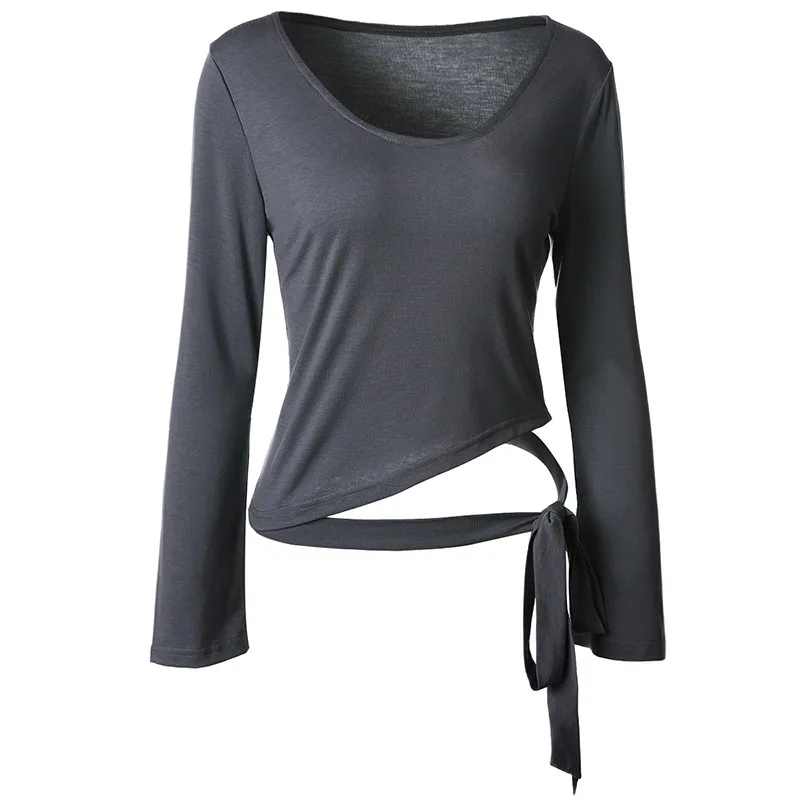 Lumier Women's Sports T-shirt Scoop Neck Wrap Bandage Tie Yoga Ballet Dance Top Breathable Autumn Sportswear Sport Jerseys Shirt (6)