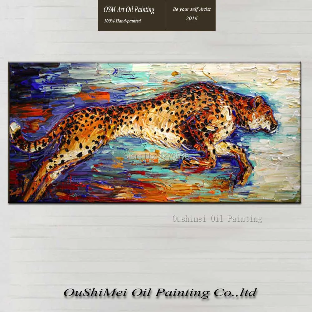 

Top Artist High Quality Hand-painted Modern Animal Cheetah Jumping Portrait Wall Artwork Palette Knife Oil Painting on Canvas