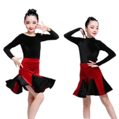 New Children's Latin Dance Long Sleeves Practice Clothing Girls Spring and Autumn Velvet Costumes Split Competition | Тематическая