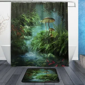 Fantasy Nature Jungle Tree Leafs Shower Curtain and Mat Set, River with a Pond Fish Koi Mushroom Waterproof Fabric
Fantasy Nature Jungle Tree Leafs Shower Curtain and Mat Set, River with a Pond Fish Koi Mushroom Waterproof Fabric