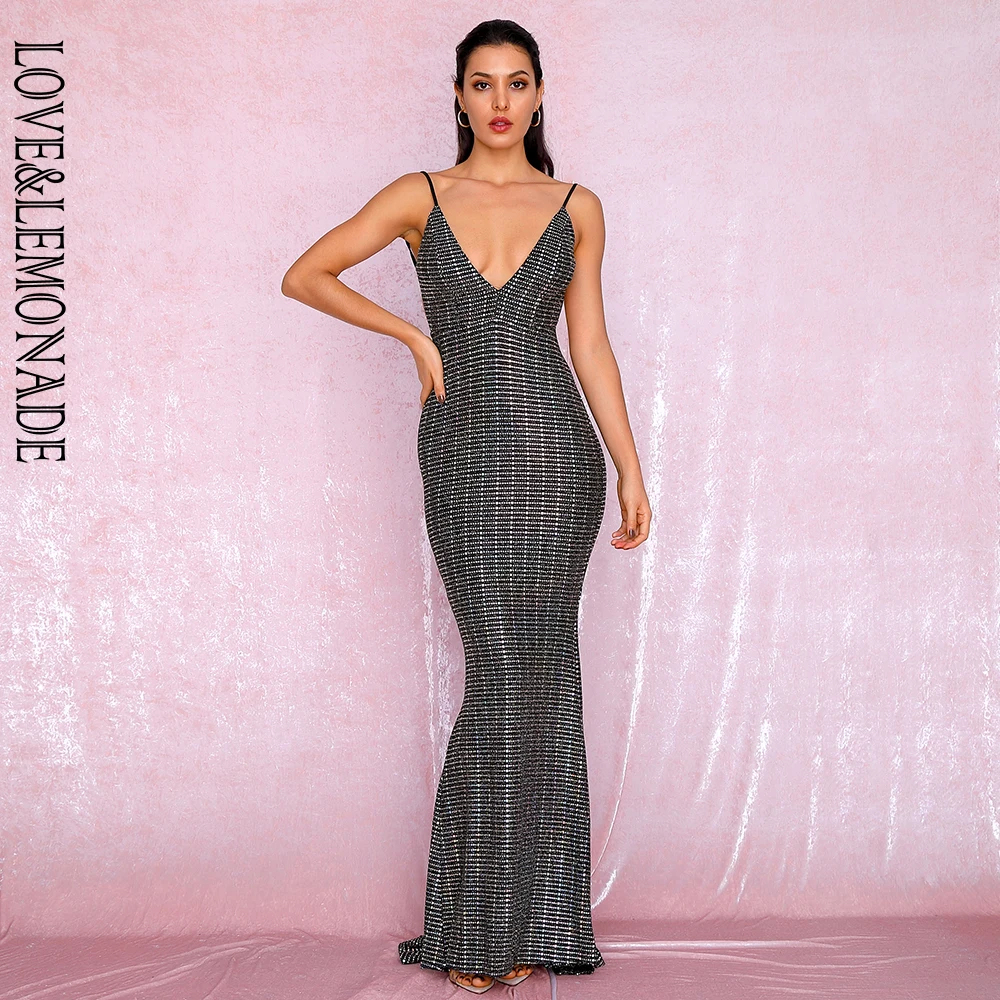 LOVE&LEMONADE Sexy Deep V-Neck Open Back Fishtail Style Bodycon Party Reflective Sequins Maxi Dress LM81222-2 SILVER 
LOVE&LEMONADE Sexy Deep V-Neck Open Back Fishtail Style Bodycon Party Reflective Sequins Maxi Dress LM81222-2 SILVER