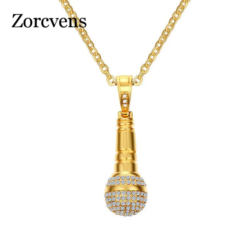 ZORCVENS Gold-color Stainless Steel CZ Stone Hip Hop Microphone Necklace & Pendant for Men/Women | Украшения и аксессуары